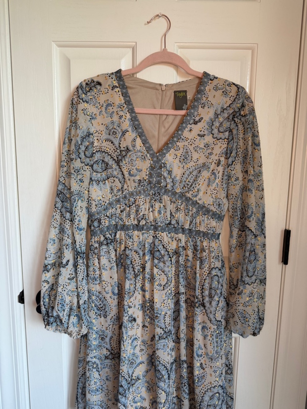 Taylor Blue and Cream Paisley Long Sleeve Midi Dress